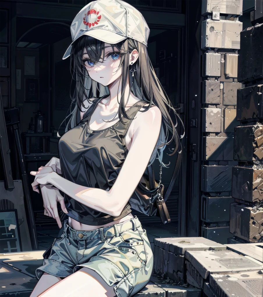 whole body, absurdres, RAW photo, extremely delicate and beautiful, masterpiece, Best Quality, ultra high resolution, 32k, hyperrealistic, ultra-detailed, detailed description, pale skin, 20 years old, detailed beautiful face and eyes, big tits, medium hair, black hair, tearful mole, earring, baseball cap, tank top, cargo shorts,