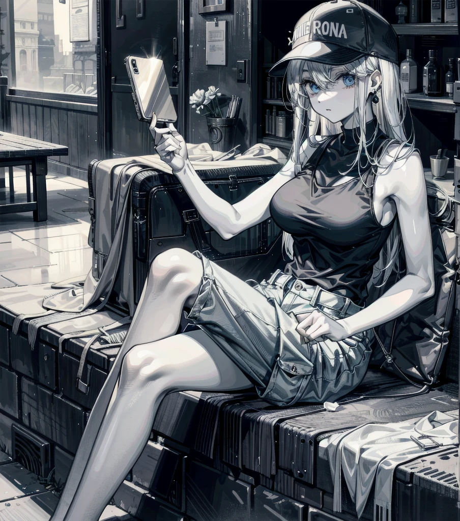 whole body, absurdres, RAW photo, extremely delicate and beautiful, masterpiece, Best Quality, ultra high resolution, 32k, hyperrealistic, ultra-detailed, detailed description, pale skin, 20 years old, detailed beautiful face and eyes, big tits, medium hair, black hair, tearful mole, earring, baseball cap, tank top, cargo shorts,