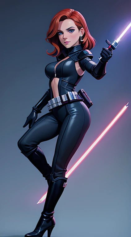 Mara Jade from Star Wars, science fiction, Star Wars based environment, She's wearing a tight shiny black leather suit, gloves, silver utility belt and high-heel boots. She's holding a purple lightsaber. Dynamic poses, Character concept, character art, Character portrait, masterpiece
