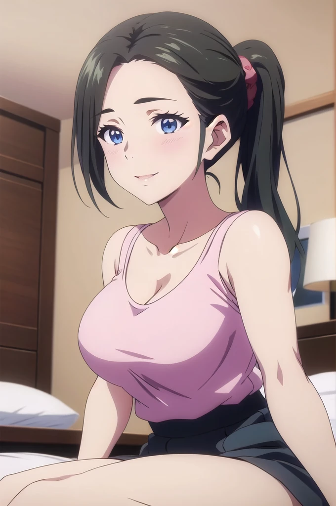 masterpiece, (best quality), 1woman,1girl ,haruhiko_ichijou_mother, black hair, long hair ponytail, (blue eyes),,average breasts ,, ,sexy woman,smile, embarrassed,blush, heart-shaped sleeveless sweater, bra and cleavage shown, micro-skirt, pink panties shown, vibrant colors ,natural lighting ,RTX, , beautiful, (detailed face:1.2), showcase, (perfect eyes:1.1) ,(photorealistic:1.1), 8k uhd, looking at viewer, indoors, bedroom,