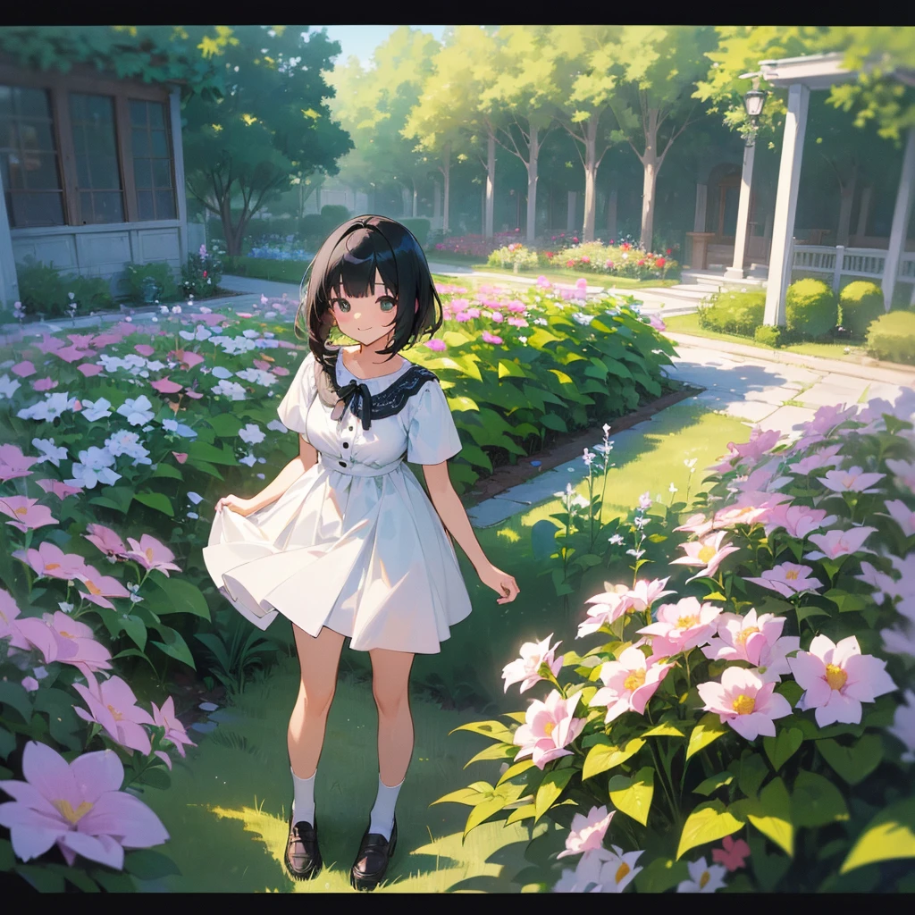 (high quality, High resolution, Very detailed, reality:1.37), Peaceful atmosphere, (Outdoor, garden), Teenage girl standing alone, (my breasts are big.), Beautiful details, Cute Smile, (Black bob hair), White short-sleeved dress, White socks, loafers.