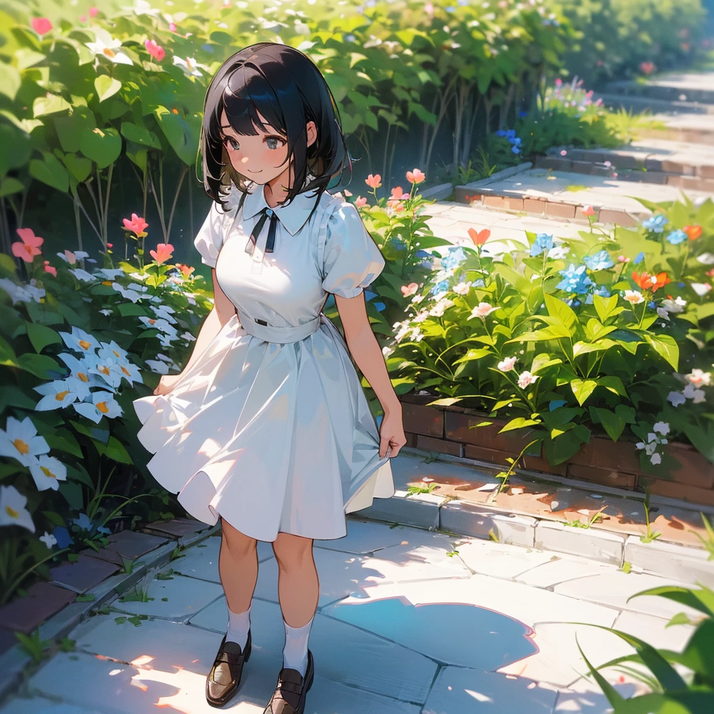 (high quality, High resolution, Very detailed, reality:1.37), Peaceful atmosphere, (Outdoor, garden), age girl standing alone, (my breasts are big.), Beautiful details, Cute Smile, (Black bob hair), White short-sleeved dress, White socks, loafers.