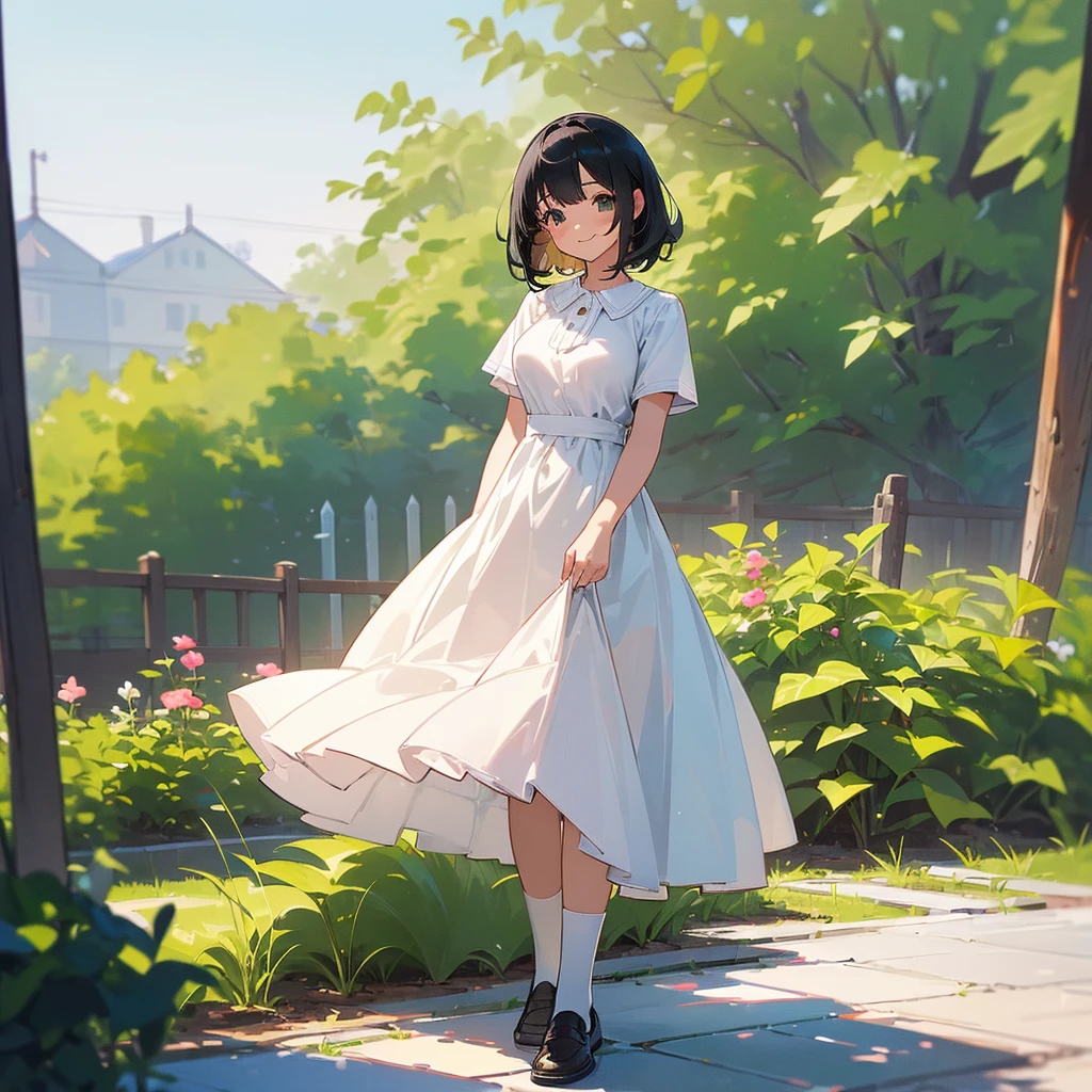 (high quality, High resolution, Very detailed, reality:1.37), Peaceful atmosphere, (Outdoor, garden), age girl standing alone, (my breasts are big.), Beautiful details, Cute Smile, (Black bob hair), White short-sleeved dress, White socks, loafers.