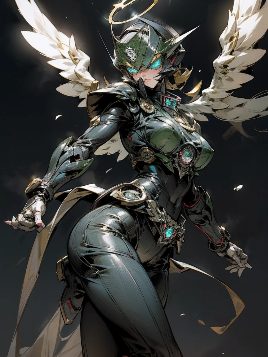 Kamen Rider,Angel,huge busty woman,shining super battle saitama arena background,(rider kick:1.2),halo,devil custum morter cycle riding,Kamen riders battle royal,view viewers view
