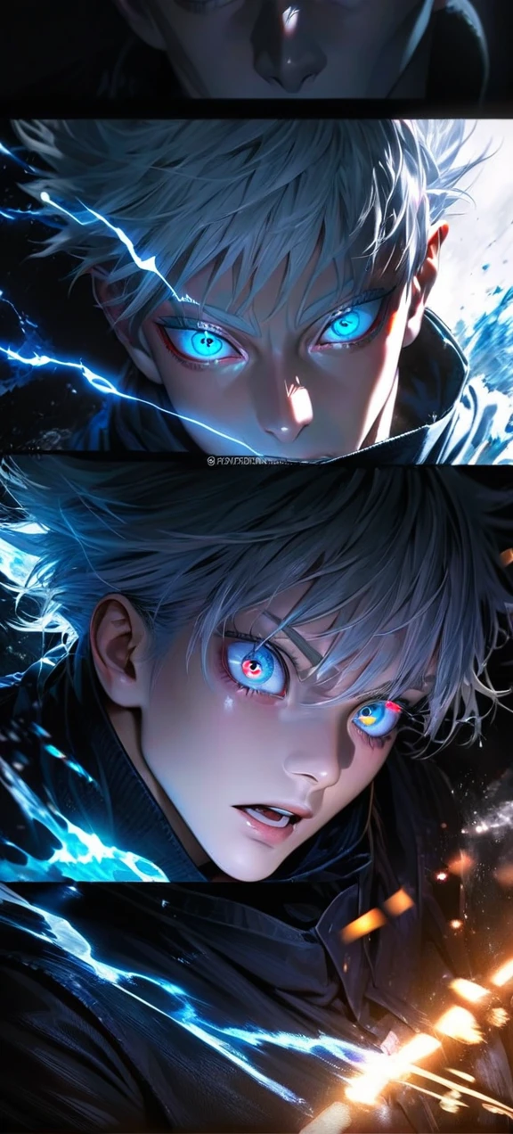 High quality, ultra realistic,absurdres, highres, ultra detailed, HDR, masterpiece, extremely detailed face and eyes, Gojo satoru , jujutsu kaisen,, white hair ,black shirt , solo, ,man, handsome, ,white eyeleshes, blue eyes , Epic fight scene, blue splashing effect,blue lightning effect,glowing glitters , close up,cool eyes, symetrical