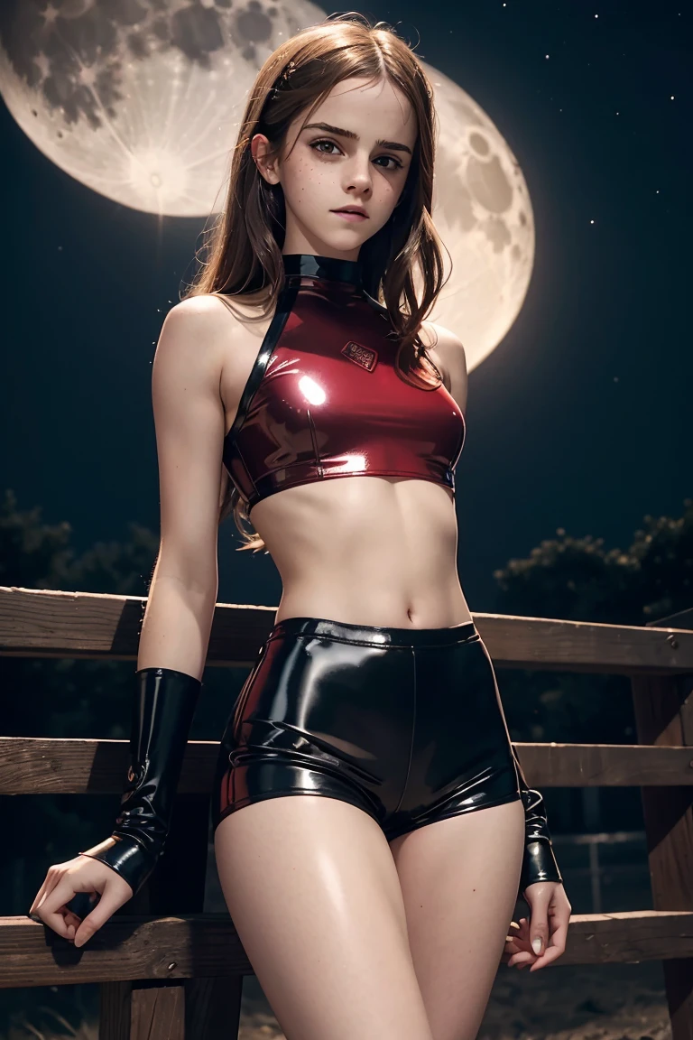 Highly detailed. a sexy beautiful teen Emma Watson. long hair. sparkly brown eyes, freckles, gentle smile. red tight intricate sparkly latex shorts, crop top. leaning on fence. dark ambient. background moon. full shot.
