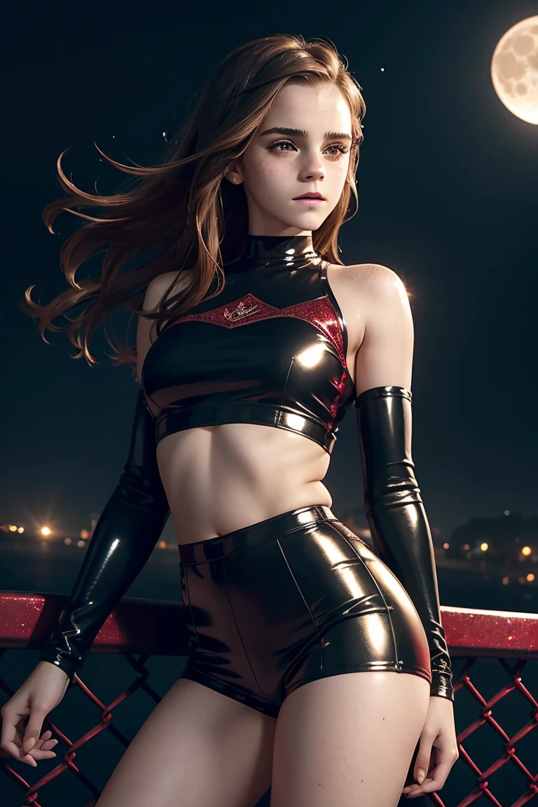 Highly detailed. a sexy beautiful Emma Watson. long hair. sparkly brown eyes, freckles, gentle smile. red tight intricate sparkly latex shorts, crop top. leaning on fence. dark ambient. background moon. full shot.