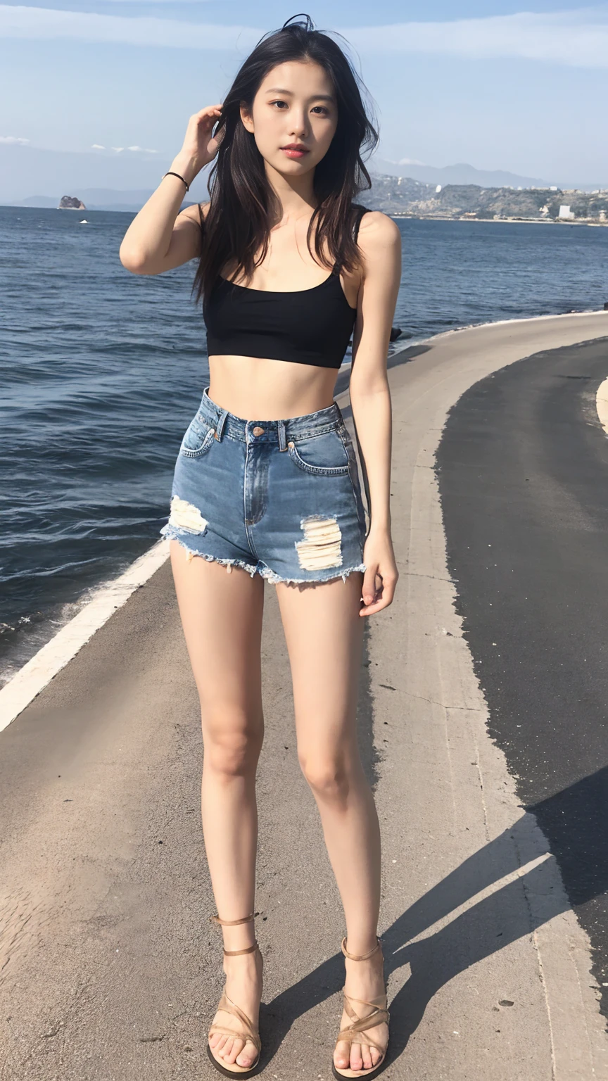 cotton tank top、Denim cut-off bottoms、Shorts、US West Coast、Promenade by the sea、Healthy beautiful woman、Japanese、8 heads、Long legs、Sitting on the road、Open your knees