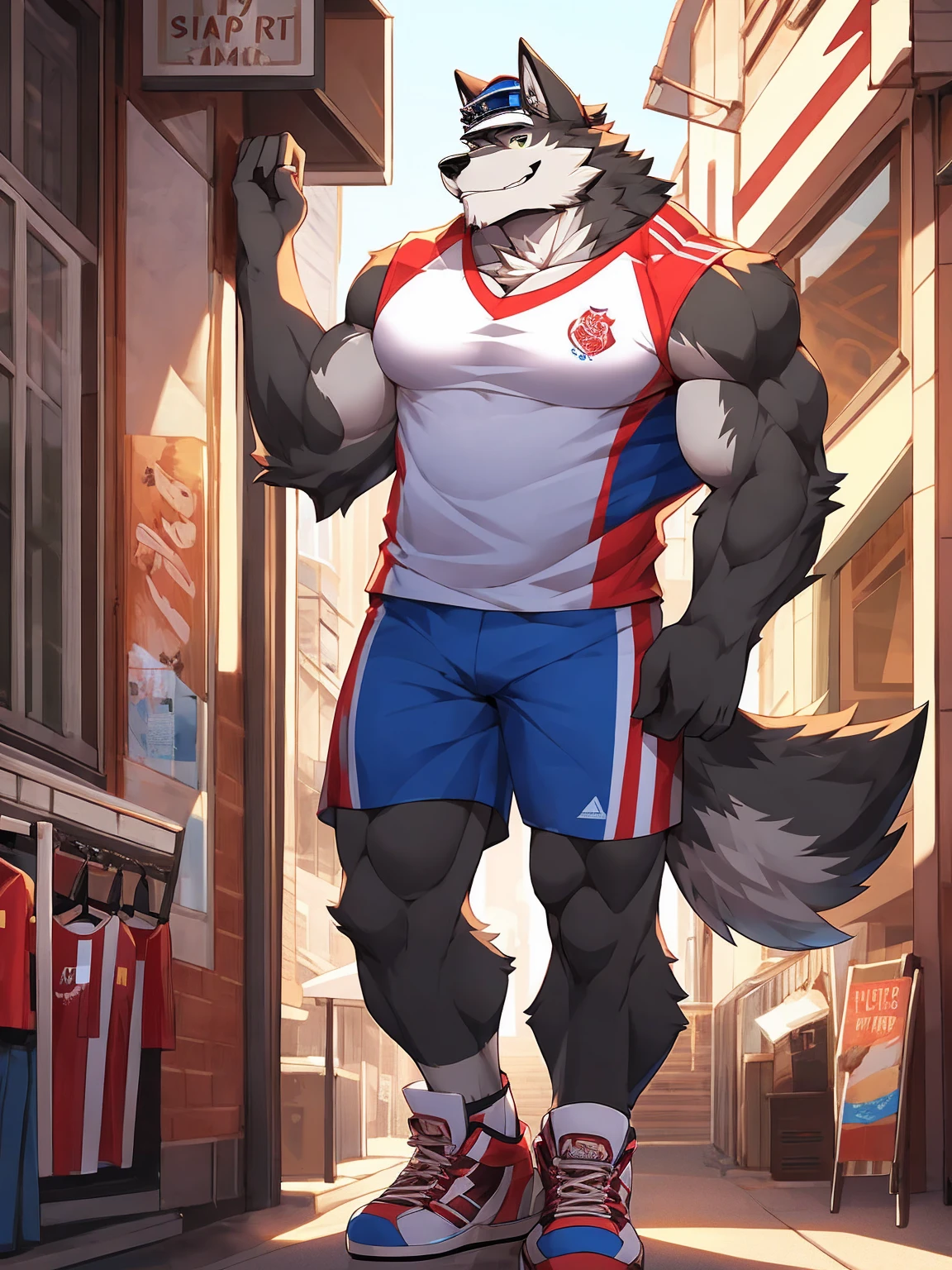 high quality，极high quality，HD，8K，Rich in details，Mature male wolf forrest, muscular，short hair, Wearing sportswear, Wearing a peaked cap，Wearing sneakers，Smile，Stand ahead，Wave，High-rise，Shop sign，Full body portrait
