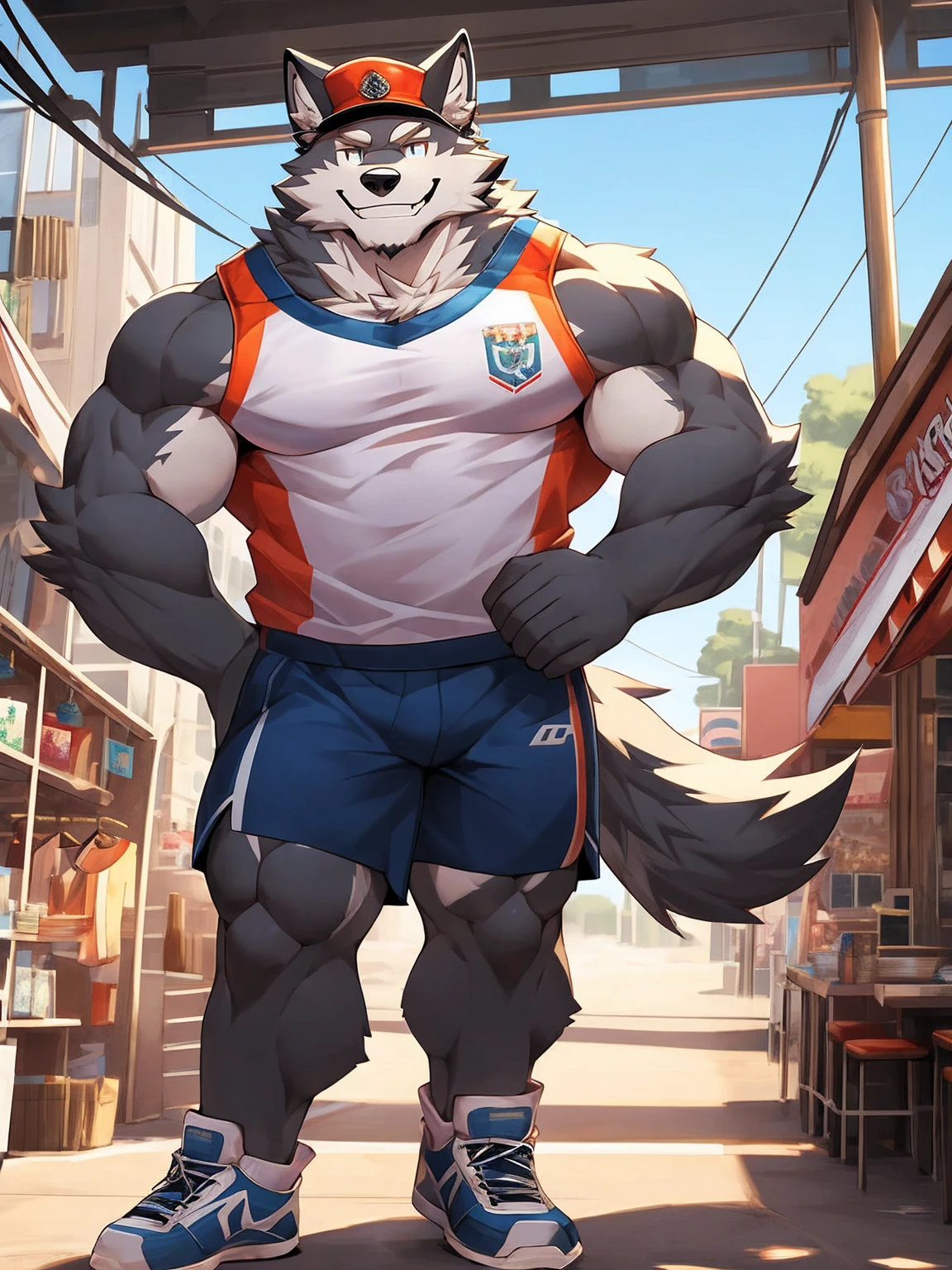 high quality，极high quality，HD，8K，Rich in details，Mature male wolf forrest, muscular，short hair, Wearing sportswear, Wearing a peaked cap，Wearing sneakers，Smile，Stand ahead，Wave，High-rise，Shop sign，Full body portrait