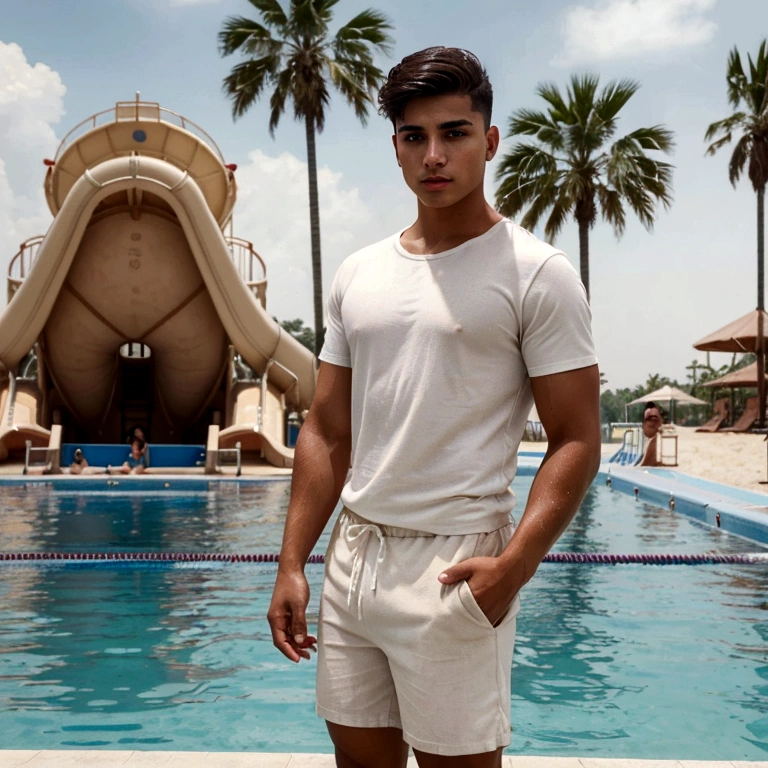 A young man, handsome brunette, tanned skin, brown eyes, haircut styles. In a white t-shirt and beach shorts, strong man's hands. in a water park inside the pool, in the background water park (Best quality, 4k, 8k, high resolution, masterpiece: 1.2), super detailed