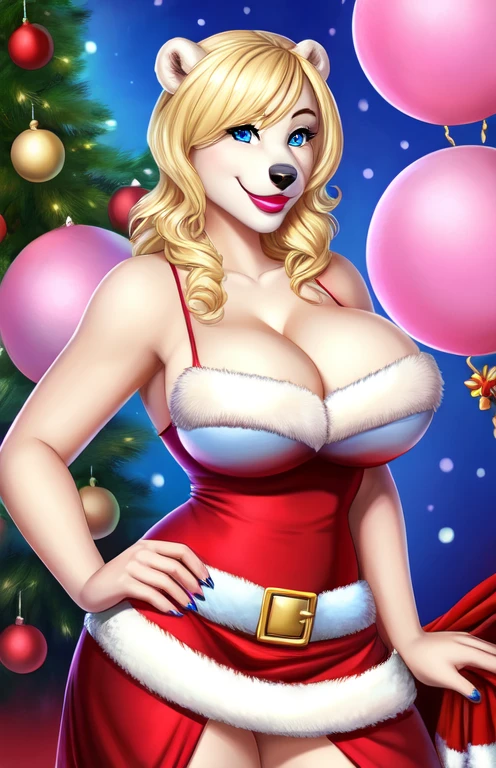 Blonde polar bear woman, wearing a backless Santa dress, perfect face, blue eyes, big breasts, cleavage, front view, solo, smile, perfect detailed body, pink lipstick