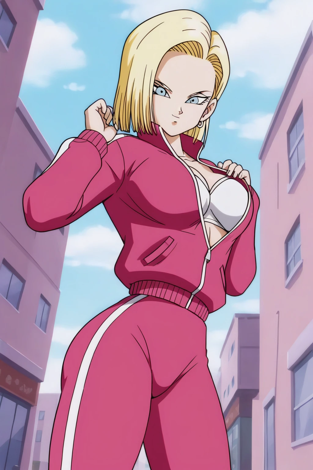 source_anime, score_9, score_8_up, score_7_up, anime screencap, detailed face, android 18, supertop, 1girl, solo, looking at viewer, short hair, blue eyes, blonde hair, collarbone, hoop earrings, city, open track jacket, open pink jacket, open jacket, white bra, track suit, track pants, pink pants, standing, from below, big breasts, sexy hips, big ass, thick legs, sexy body, hands up