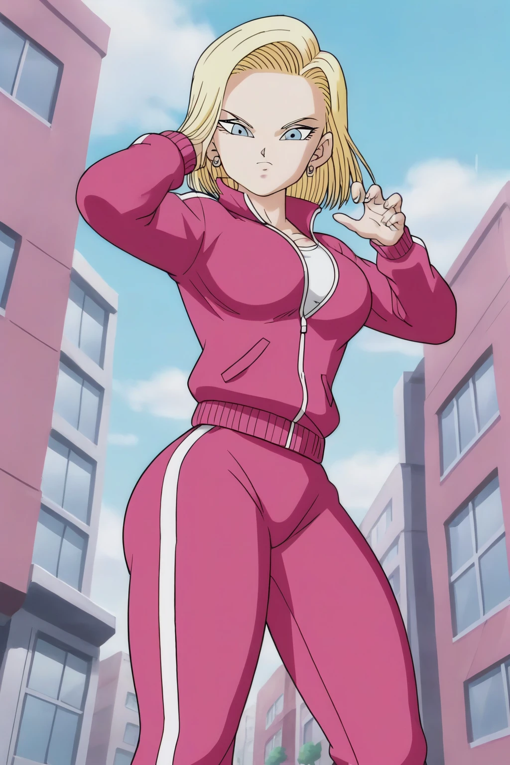 source_anime, score_9, score_8_up, score_7_up, anime screencap, detailed face, android 18, supertop, 1girl, solo, looking at viewer, short hair, blue eyes, blonde hair, collarbone, hoop earrings, city, open track jacket, open pink jacket, open jacket, white bra, track suit, track pants, pink pants, standing, from below, big breasts, sexy hips, big ass, thick legs, sexy body, hands up
