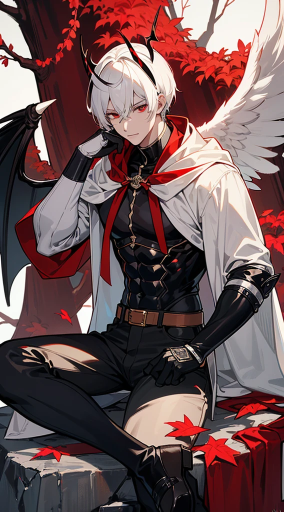 Handsome man, white hair, very short hair, ((crew cut: 1)), red eyes, fair skin, ((muscular: 1)), man, 28 years old, wearing a white hood, gold and silver details, leather shawl brown, baggy pants, gray boots, black and brown belts, black boots, brown gloves, lots of belts, demonic angel wings, six wings, black wings, demon horn, black scales, black scales on neck, black lizard tail, demonic form, angel form, half and half, chaos angel, halo on back man sitting, muscular, sexy, sitting on a rock, background forest, black trees, trees with red leaves