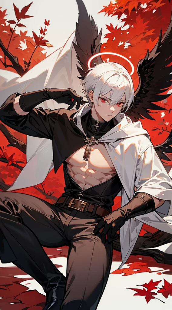 Handsome man, white hair, very short hair, ((crew cut: 1)), red eyes, fair skin, ((muscular: 1)), man, 28 years old, wearing a white hood, gold and silver details, leather shawl brown, baggy pants, gray boots, black and brown belts, black boots, brown gloves, lots of belts, demonic angel wings, six wings, black wings, demon horn, black scales, black scales on neck, black lizard tail, demonic form, angel form, half and half, chaos angel, halo on back man sitting, muscular, sexy, sitting on a rock, background forest, black trees, trees with red leaves