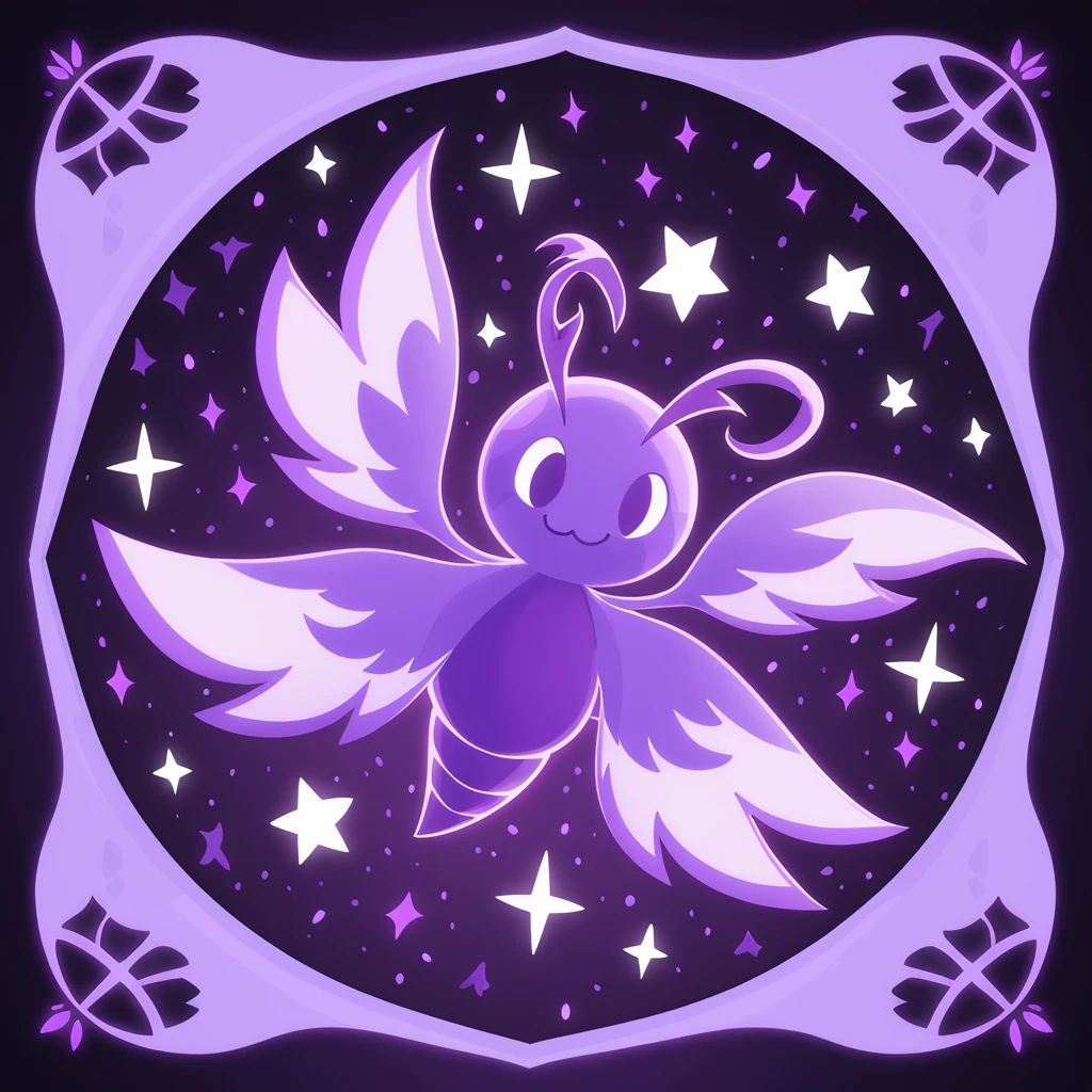 a violet moth flying in the starlight sprinkling venom powder from its wings, in card art style