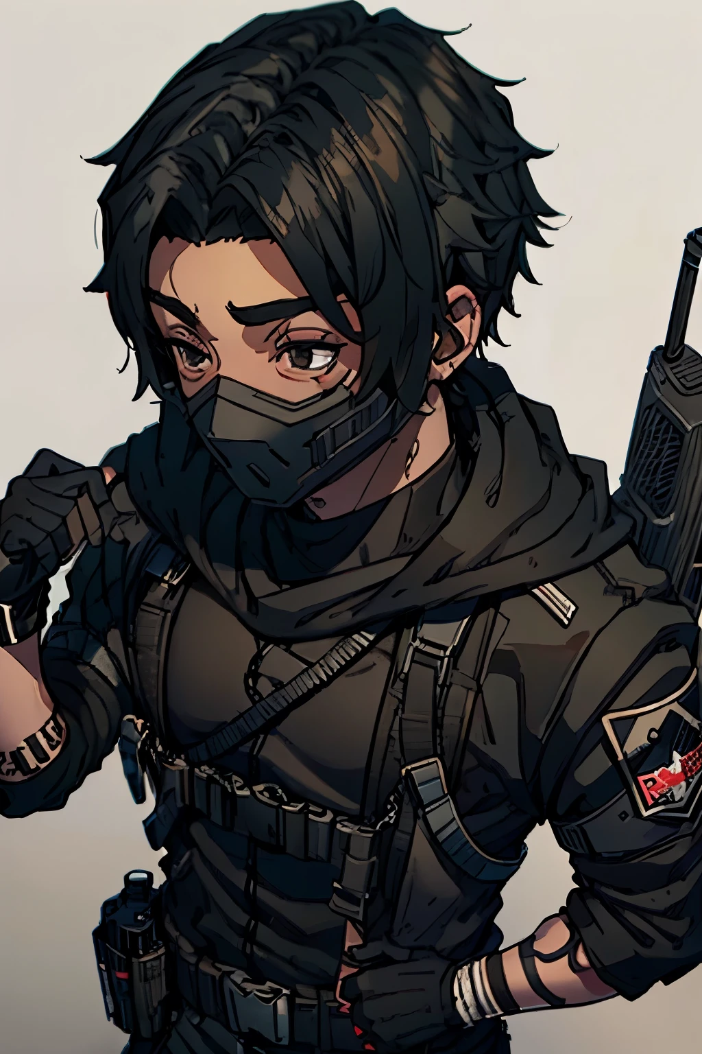 A brown-skinned boy with black hair and coal-black eyes wears black tactical clothing with white and red details and wears a police mask seen tilted 