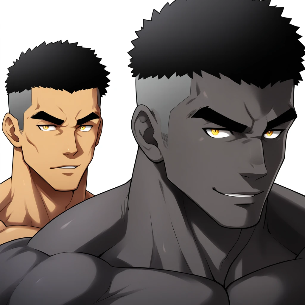 negro, negro, negro, anime characters:Gyee, Muscle Sports Student, negro black skin, Very Black, 1 muscular tough guy, Manliness, male focus, Dark grey and Yellow long sleeve tights, Regular symmetrical pattern, Very tight, The pectoral muscles are oversized, Slightly transparent, muscular male, muscular, only, Upper body, alone, Black short hair, Thick eyebrows, stubble, Yellow eyes, White background, simple background, amazing quality, best aesthetics, Ridiculous, bright pupils, crew cut, parted lips, seductive smile, torogao, naughty face, best quality