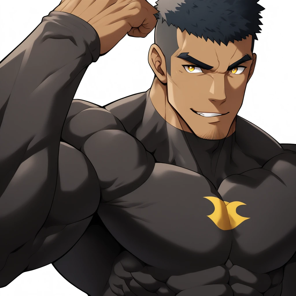 negro, negro, negro, anime characters：Gyee, Muscle Sports Student, negro black skin, Very Black, 1 muscular tough guy, Manliness, male focus, Dark grey and Yellow long sleeve tights, Regular symmetrical pattern, Very tight, The pectoral muscles are oversized, Slightly transparent, muscular male, muscular, only, Upper body, alone, Black short hair, Thick eyebrows, stubble, Yellow eyes, White background, simple background, amazing quality, best aesthetics, Ridiculous, bright pupils, crew cut, parted lips, seductive smile, torogao, naughty face, best quality