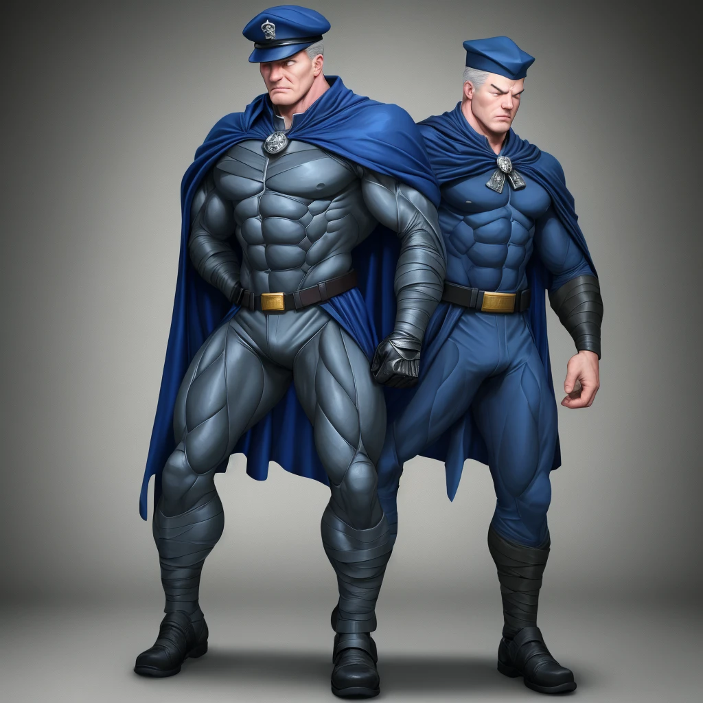 A full-body 3D male realistic model, wearing a full-body hero suit and cape in the pattern of a professional baseball uniform, a very short-haired, crew-cut, cool, dandy-looking, veteran-aged man with a shiny, sparkling blue cape that is longer than his body, gloves and a cap are always worn, an original hero, only the eyebrows, eyelashes and eyes are visible, his mouth is bandaged and sealed, the upper half of his face is bare with a sharp look in his eyes, he has six-pack abs, a muscular, macho, sturdy body and is cool, with both legs closed and both hands clasped behind his back in an X shape, his whole body tied up and sealed with duct tape and held. Tired, he has collapsed and is sleeping with his eyes closed. A coat of arms, in a dark room background, his whole body facing forward, backward, left and right (north, south, east and west), an image of him being mummified and restrained