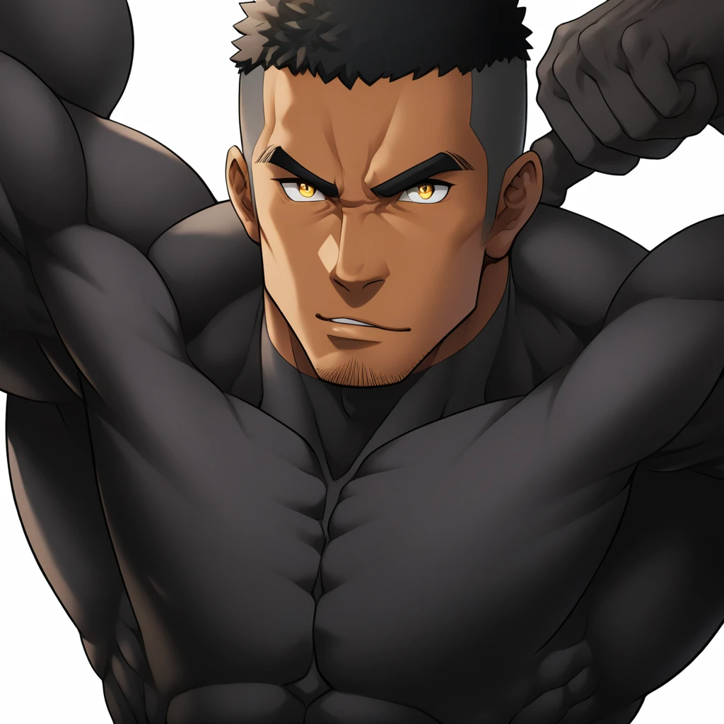 negro, negro, negro, anime characters：Gyee, Muscle Sports Student, negro black skin, Very Black, 1 muscular tough guy, Manliness, male focus, Dark grey and Yellow long sleeve tights, Regular symmetrical pattern, Very tight, The pectoral muscles are oversized, Slightly transparent, muscular male, muscular, only, Upper body, alone, Black short hair, Thick eyebrows, stubble, Yellow eyes, White background, simple background, amazing quality, best aesthetics, Ridiculous, bright pupils, crew cut, parted lips, seductive smile, torogao, naughty face, best quality