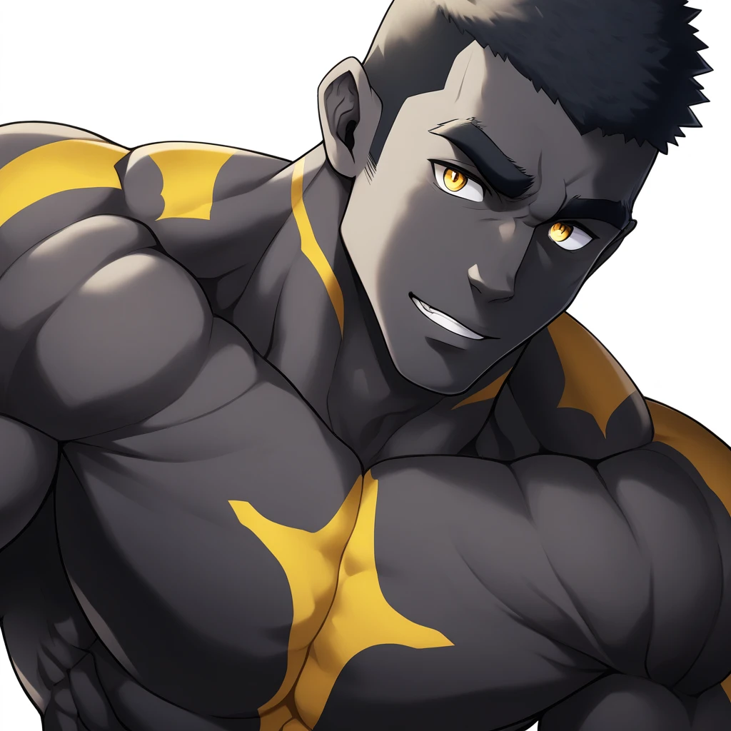 negro, negro, negro, anime characters:Gyee, Muscle Sports Student, negro black skin, Very Black, 1 muscular tough guy, Manliness, male focus, Dark grey and Yellow long sleeve tights, Regular symmetrical pattern, Very tight, The pectoral muscles are oversized, Slightly transparent, muscular male, muscular, only, Upper body, alone, Black short hair, Thick eyebrows, stubble, Yellow eyes, White background, simple background, amazing quality, best aesthetics, Ridiculous, bright pupils, crew cut, parted lips, seductive smile, torogao, naughty face, best quality