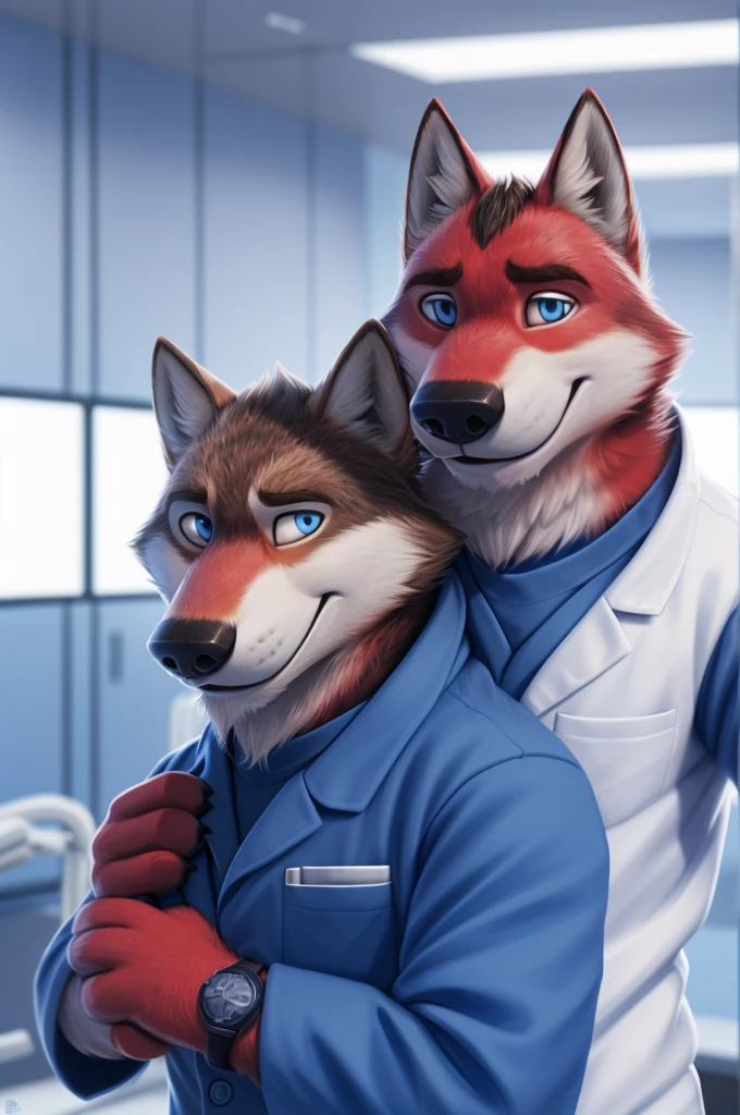 Ivan Fedorovich Wolfbach (Novosibirsk) ,tall handsome, wolf,young, 24 years, brown fur,Kind,(red body:1.3),beautiful blue eyes,Novosibirsk,dressed, мединский костюм stethoscope сандалии,Dr,самый Kind, canine, wolf, detailed fur, male, antro, paw pads, finger claws,at viewer, 5 fingers, paws, 5 fingers, smile, wrist watch, т nextel,by xenoforge, (difficult, high detail, digital photography, soft focus, RAW species палаты ,very close to the camera, species,Novosibirsk, smile, a good mood, positive, very close to the camera,intensive care unit, newborns, stethoscope, in the neck,bypass,
Photorealism, realistic, photorealistic, digital style, Subsurface scattering,Looking at the viewer,hugs the she-wolf,
masterpiece, Best quality, ultra realistic, 8 k)
