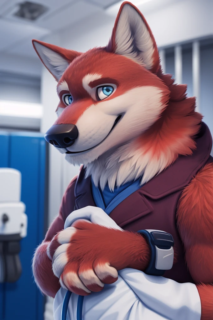 Ivan Fedorovich Wolfbach (Novosibirsk) ,tall handsome, wolf,young, 24 years, brown fur,Kind,(red body:1.3),beautiful blue eyes,Novosibirsk,dressed, мединский костюм stethoscope сандалии,Dr,самый Kind, canine, wolf, detailed fur, male, antro, paw pads, finger claws,at viewer, 5 fingers, paws, 5 fingers, smile, wrist watch, т nextel,by xenoforge, (difficult, high detail, digital photography, soft focus, RAW species палаты ,very close to the camera, species,Novosibirsk, smile, a good mood, positive, very close to the camera,intensive care unit, newborns, stethoscope, in the neck,bypass,
Photorealism, realistic, photorealistic, digital style, Subsurface scattering,Looking at the viewer,hugs the she-wolf,
masterpiece, Best quality, ultra realistic, 8 k)