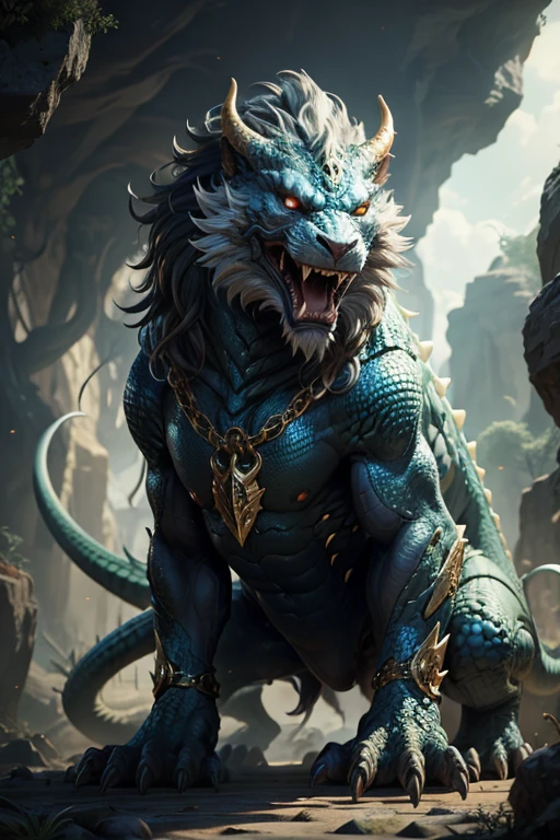 A lizard beast in a cavern cave. Beast has black scales and gold chains and shackles