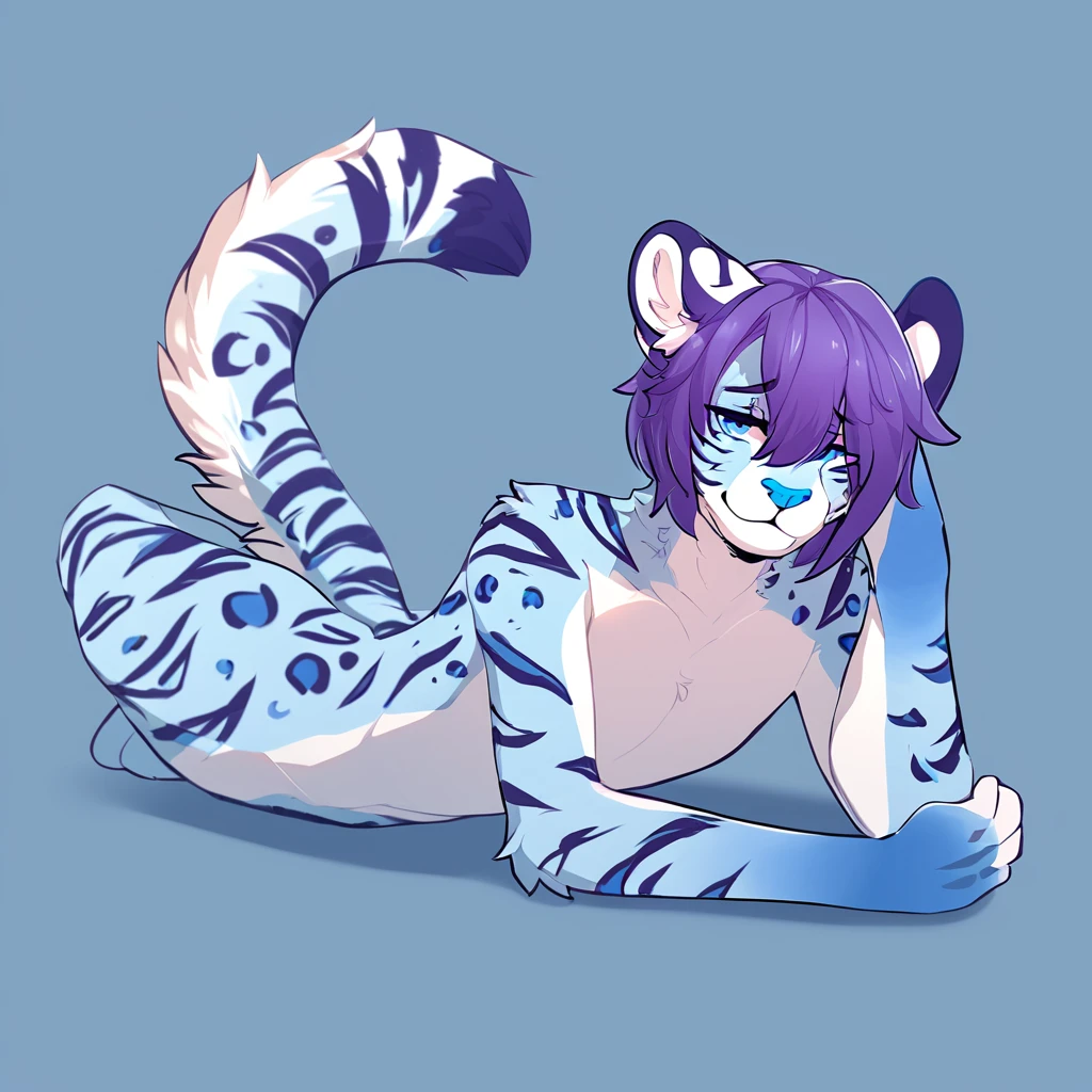 adult, feline, mammal, anthro, anthromorphic, snow, leopard, striped_feline, fur, furred_anthro, fluffy_tail femboy, male, bangs, ear_tufts, blue_nose, paws, hair_tuft, hair_between_eyes, long_tail, fluffy, feline_ears, expressive_eyes, purple_hair, light looking_at_viewer, blue_fur, shy, small_pupils, spotted_pattern, stripes, tail, tiger_stripes, digital_art, high_resolution, high_res, tealblue_background fit, posing, laying_down