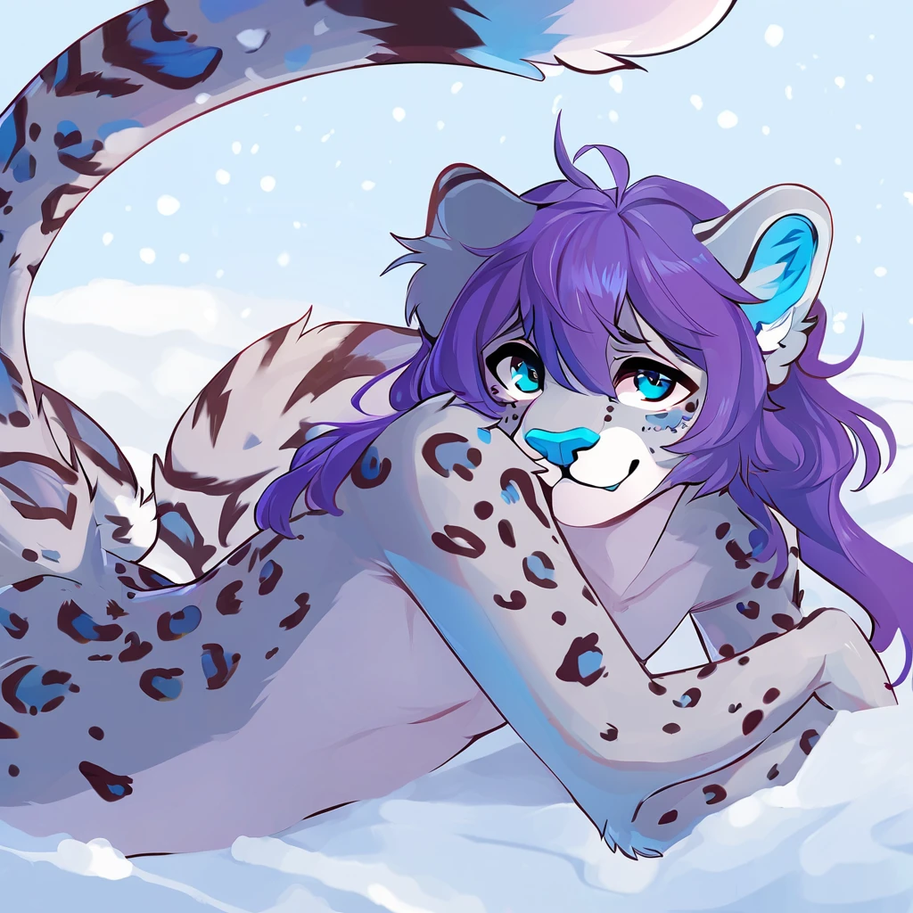 adult, feline, mammal, anthro, anthromorphic, snow, leopard, striped_feline, fur, furred_anthro, fluffy_tail femboy, male, bangs, ear_tufts, blue_nose, paws, hair_tuft, hair_between_eyes, long_tail, fluffy, feline_ears, expressive_eyes, purple_hair, light looking_at_viewer, blue_fur, shy, small_pupils, spotted_pattern, stripes, tail, tiger_stripes, digital_art, high_resolution, high_res, tealblue_background fit, posing, laying_down