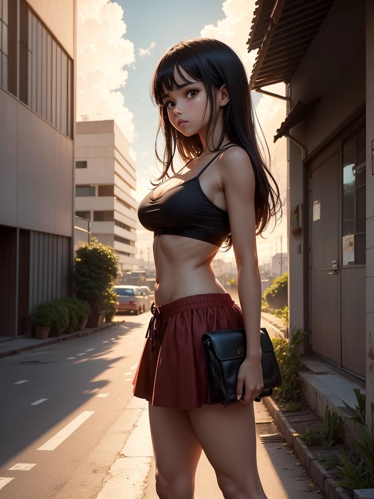 ((best illustration)) brazilian girl, cabello rojo, cuerpo adolescente, tetas enormes, falda ajustada negra, bota negra, paisaje urbano, edificio, horizonte, atardecer, silueta contra las nubes, contemplativo.