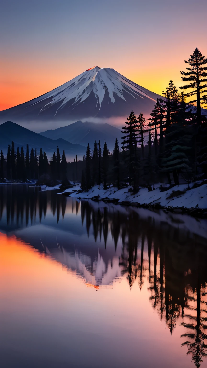 Mount Fuji illuminated by the sunset。Mount Fuji towering across the lake、It is reflected on the water surface, creating a beautiful symmetry.。The sky is colored in a gradation of orange and purple.、There is snow on the top of Mount Fuji。In the foreground, the branches of pine trees spread out like a frame.、The beauty of nature is highlighted。mysterious、Fantasy、