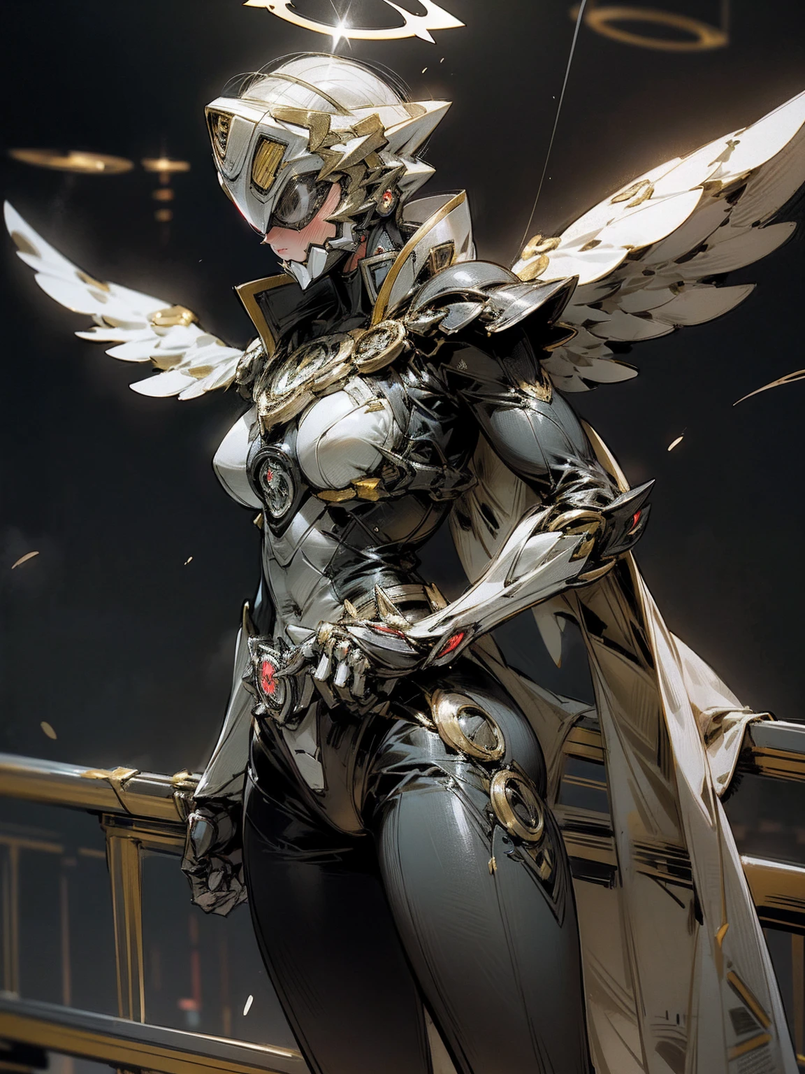 Kamen Rider,Angel,huge busty woman,(shining super battle saitama arena background:1.3),rider kick,halo,devil custum morter cycle riding,Kamen riders battle royal,view viewers view
