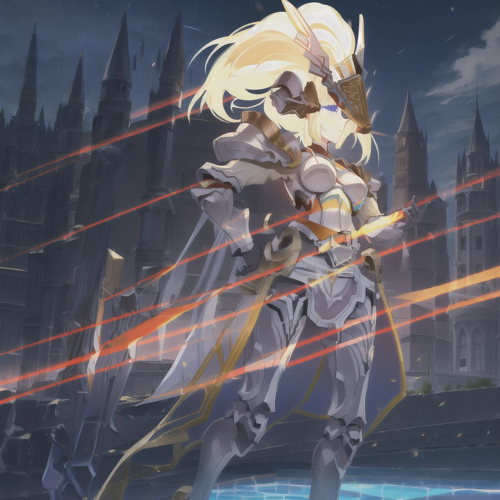 WZRYnvwaYP,1girl,solo,armor,ponytail,breastplate,helmet,long hair,breasts,shoulder armor,blonde hair,lips,belt,cityscape,night,mature female,pool,covered eyes, hand on hip, gloves,