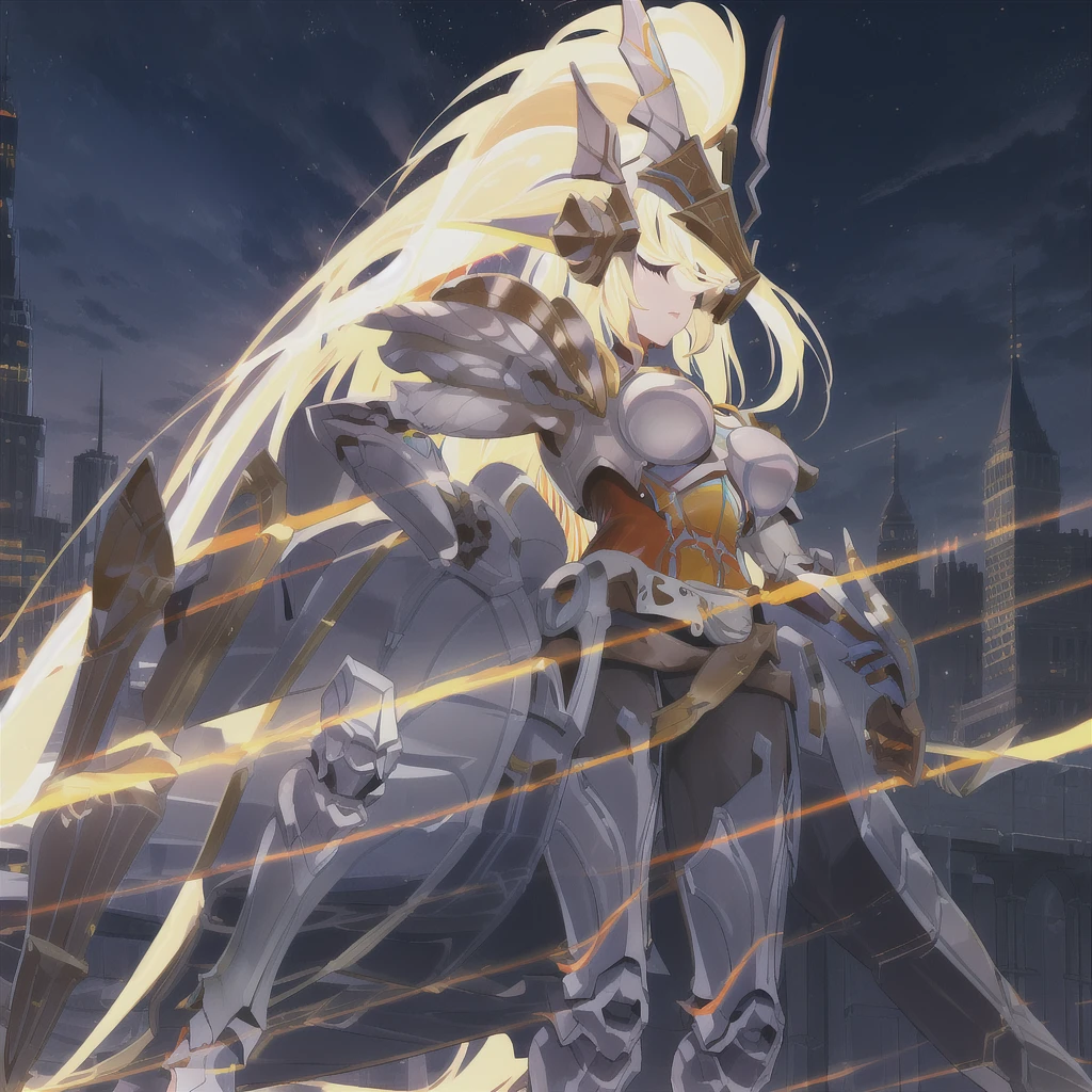 WZRYnvwaYP,1girl,solo,armor,ponytail,breastplate,helmet,long hair,breasts,shoulder armor,blonde hair,lips,belt,cityscape,night,mature female,pool,covered eyes, hand on hip, gloves,