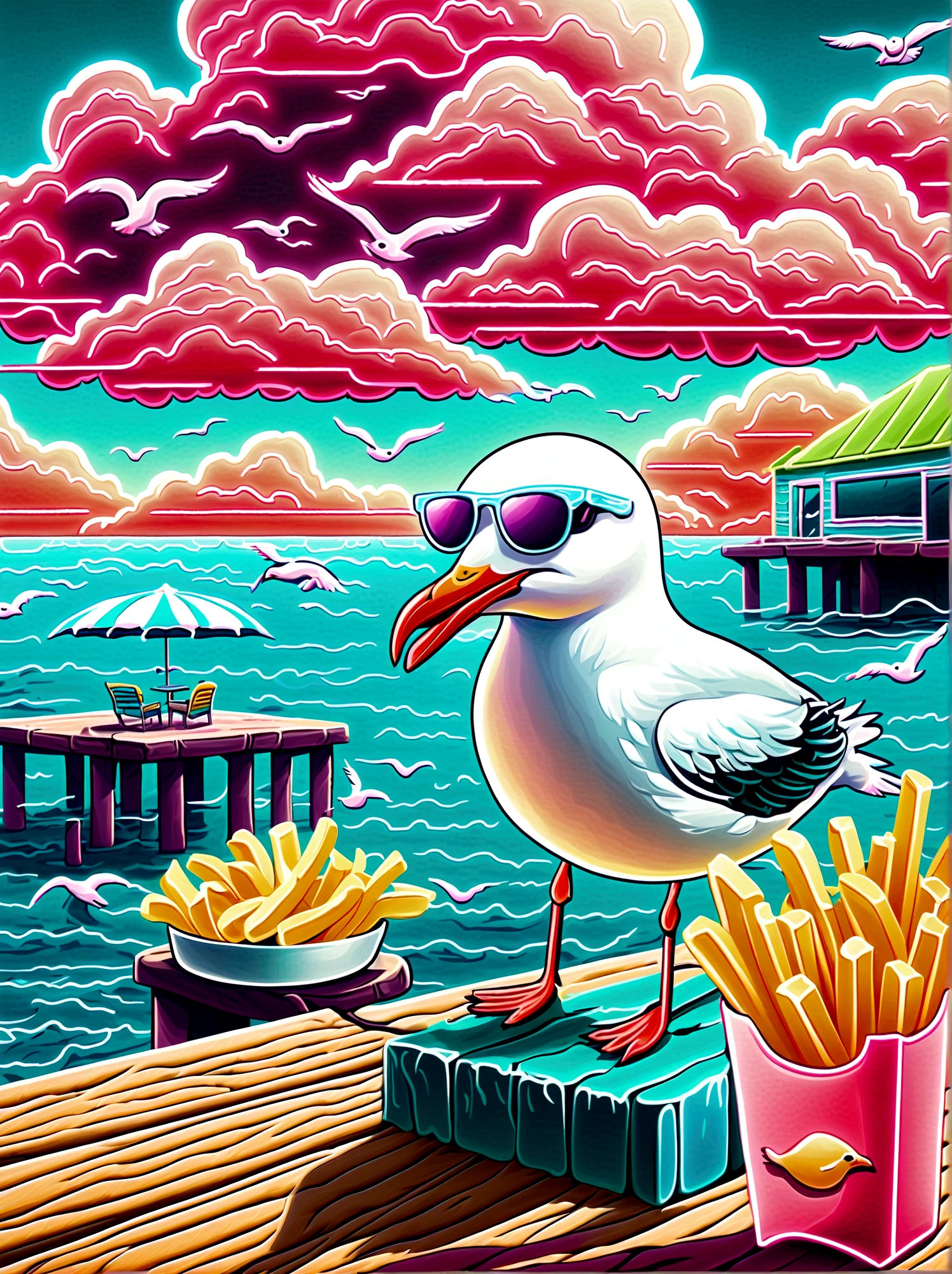 Neon，illustration，A seagull stealing French fries，on wooden pier，ocean，Another cool seagull wearing sunglasses，Clouds，sunny，发光的Neon招牌，Ultra high saturation，Bright colors