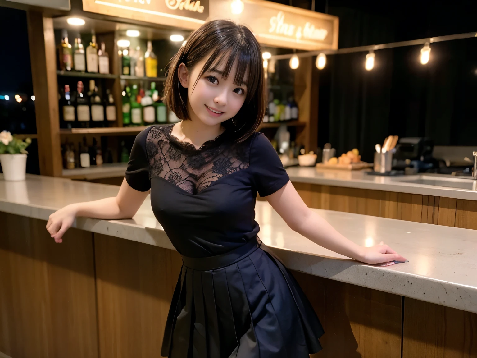 (Highest quality, masterpiece, Ultra-high resolution, 8k, RAW Photos, Realistic, Anatomically correct:1.5), (Stainless steel round bar fence:1.0, Put your elbow on the fence:1.2,  high school girl、20-year-old girl:1.2, Embarrassing, avert your eyes, blush:1.0, View Viewer, ((bar)) 、Night view、 Light:1.2, Bokeh, Cinema Lighting:1.0, Depth of written boundary, sharp、 Cute face、Idol、Black short sleeve lace top、Black pleated skirt、Black clothing、”dwarf”、(Floral clothes)、Full Body Shot、Cowboy Shot、 smile、(Ultra short hair、Berry Short)、(Straight bangs)、