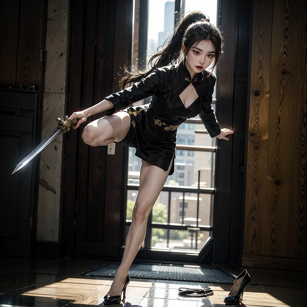 A girl wearing a black and gold short qipao,Wear a high ponytail,Close-up shot of woman in black high heels holding samurai sword for fighting,Full body close-up,Air bangs,Fighting Stance,A fierce battle is going on,Lead the team to destroy the enemy
