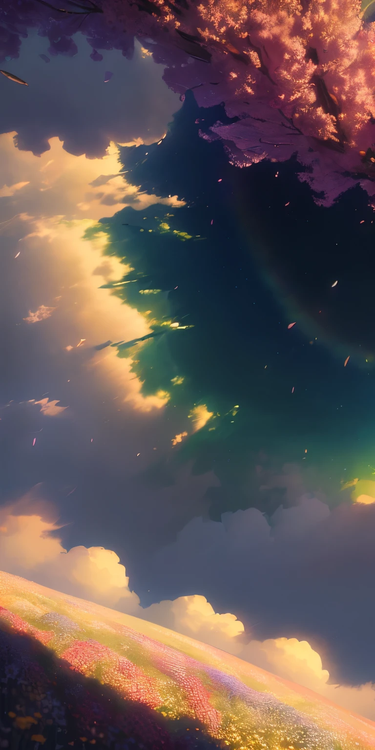(Highest quality,masterpiece,Super detailed,8k wallpaper,High resolution:1.2),nature,delicate leaves,Rainbow petals floating in the air,Ray Tracing,Two ships,Long Exposure Super Detail-v6, (Highest quality), (Best illustrations), (Best Shadow)
