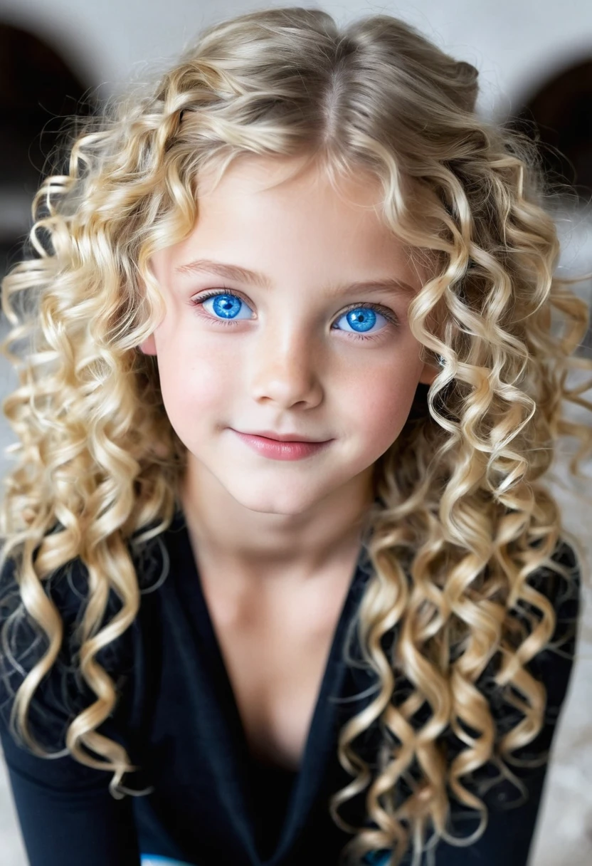 Make an image of a blonde with blue eyes with curly hair like angels in black leggings and barefoot and she is the most beautiful in the world and she is 