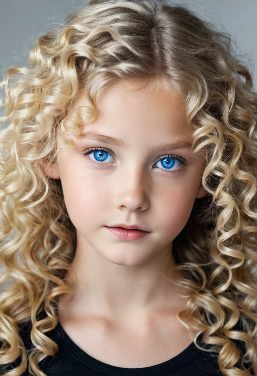 Make an image of a blonde with blue eyes with curly hair like angels in black leggings and barefoot and she is the most beautiful in the world and she is 12 years old