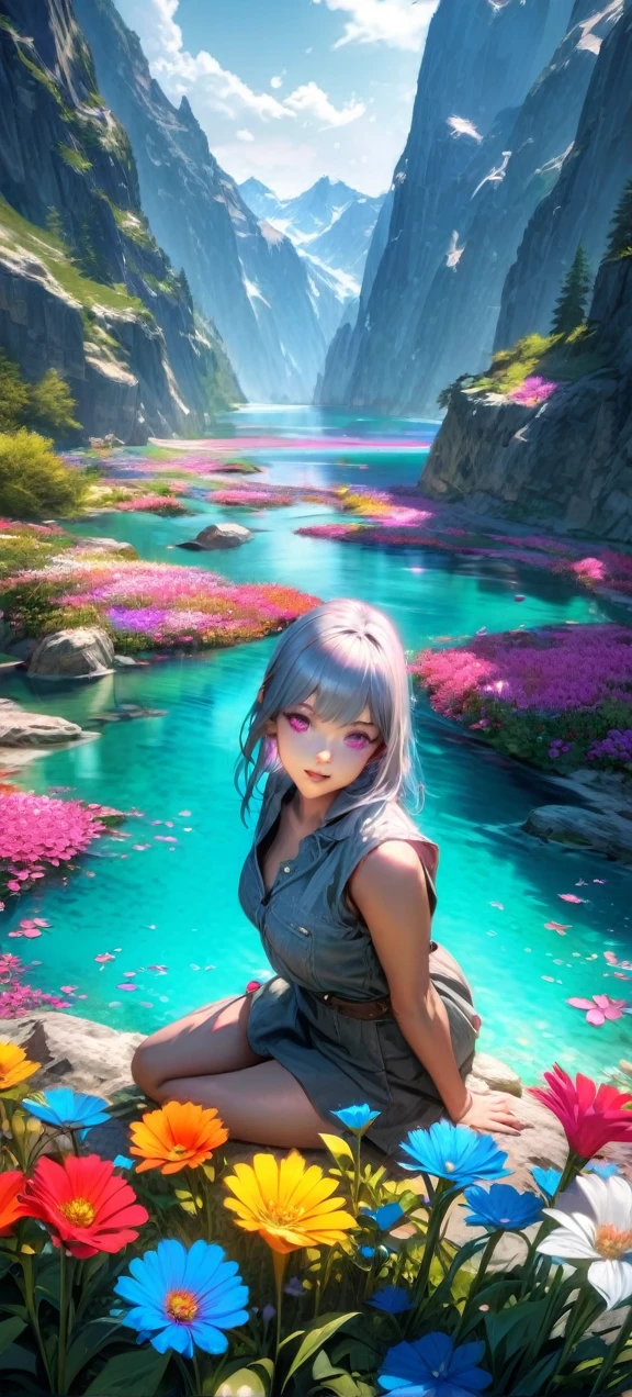  High quality, ultra realistic,absurdres, highres, ultra detailed, HDR, masterpiece, extremely detailed , beautiful colorful flowers , light blue lake , glowing , beautiful landscape 