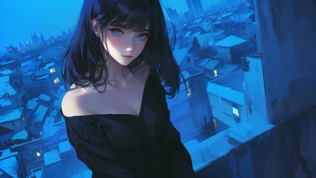 ultra-detailed, beautiful eyes, detailed eyes, detailed face, ultra-detailed, beautiful eyes, woman in black casual, Woman in casual, black, loose-fitting, Beautiful face gnawing strength, casual clothing with blue eyes standing on a rooftop overlooking the city, master piece, best quality, high resolution, 16k