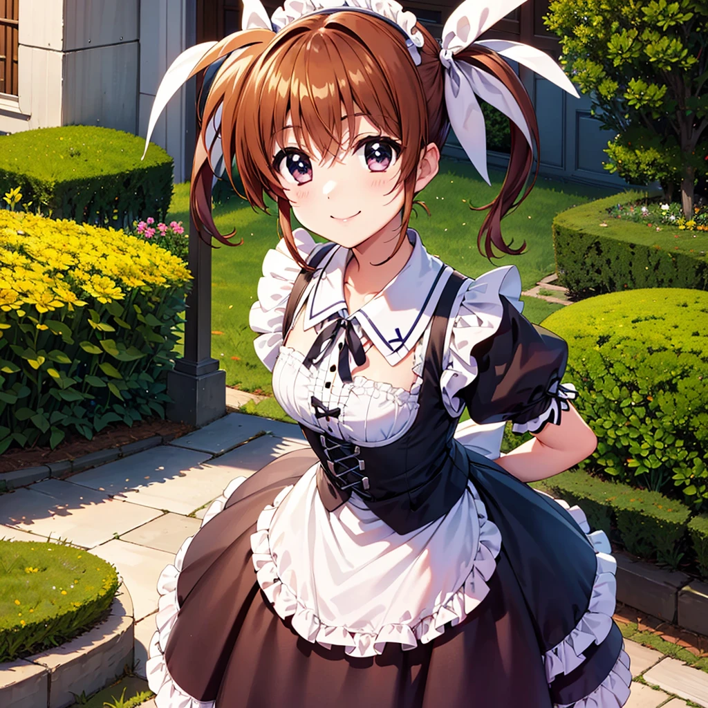 masterpiece, Highest quality, Lyrical Nanoha,High resolution 、Twin tails、takamachi nanoha、smile,Gothic ta Clothes、Victorian Maid、Twin tails、White ribbon