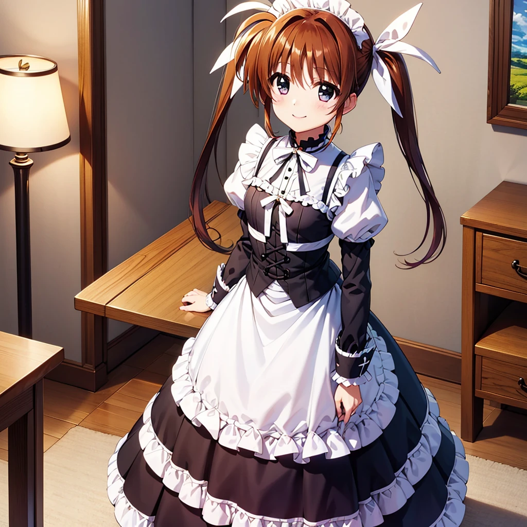 masterpiece, Highest quality, Lyrical Nanoha,High resolution 、Twin tails、takamachi nanoha、smile,Gothic Lolita Clothes、Victorian Maid、Twin tails、White ribbon