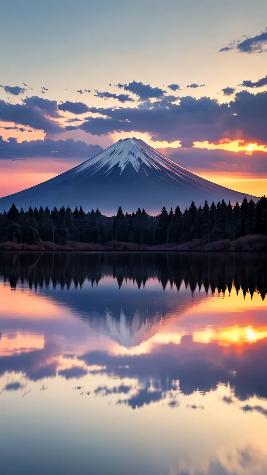 Mount Fuji illuminated by the sunset。Mount Fuji towering across the lake、It is reflected on the water surface, creating a beautiful symmetry.。The sky is colored in a gradation of orange and purple.、There is snow on the top of Mount Fuji。In the foreground, the branches of pine trees spread out like a frame.、The beauty of nature is highlighted。mysterious、Fantasy、