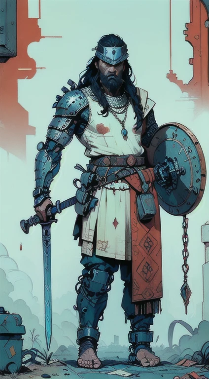 1man, giant brutish man, perfect proportions, anatomically correct, (head to toe: 2.0), (full body image: 2.0), solo, extremely stylized, masterpiece, highly detailed, detailed eyes, expressive detailed eyes, detailed pupils, futuristic, ((wearing medieval armor )), ((holding a sword and shield)), (cybernetic arms:1.4), big boots, entire body image, full body shot, large beads, (large tassels), inkpunk, paint platter, ink splatter, (action pose:1.0), ((chainmail shirt)), old warrior, long beard, ((armor shoulders))