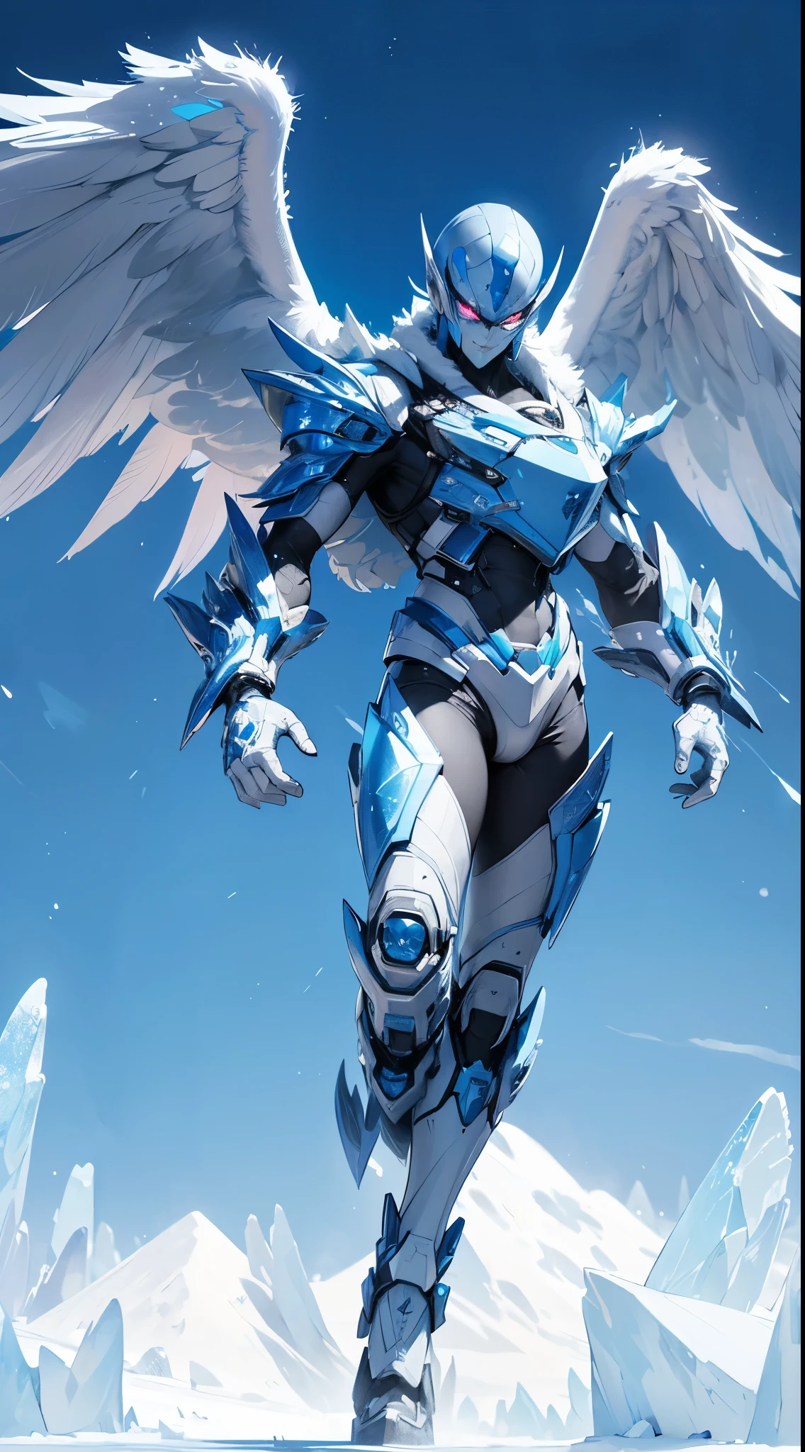 (high-res, vivid colors), blue bird alien, detailed feathers, sparkling eyes, alien landscape, vibrant colors, surreal atmosphere, glowing lights, otherworldly features, intricate patterns, dreamlike scenery, Arctic Frost Ranger: A suit featuring icy blue and frosty white hues, accented with snowflake patterns and frost crystals. This Ranger commands the power of ice and cold, with abilities such as creating blizzards, forming ice constructs for defense, and freezing enemies in their tracks.